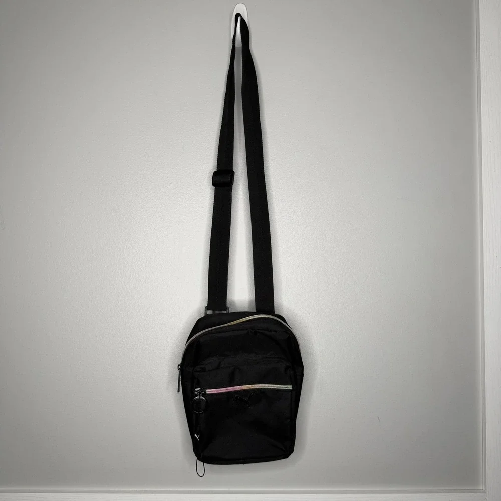 Puma Crossbody Bag Unisex Small Black Iridescent Rainbow Zipper Sport Messenger
